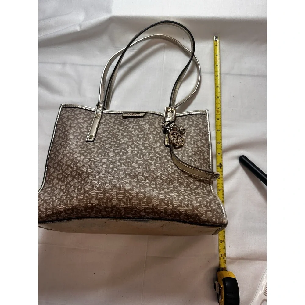 DKNY Repeat Gold Tote Bag Purse Beige w/ Brown Monogram in excellent cond 1990's